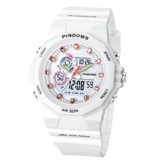 PINDOWS womens wristwatch 50M waterproof specification outdoor digital sports watch multifunctional LED backlight calendar alarm stopwatch.
