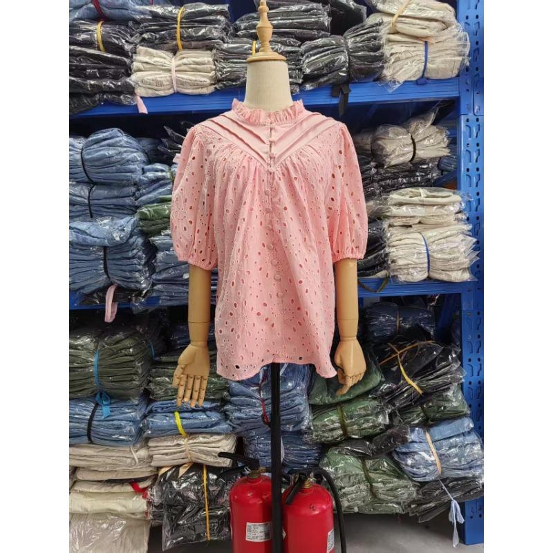 Womens Summer V Neck Lantern Sleeve Hollow Out Lace Embroidered Casual Blouse