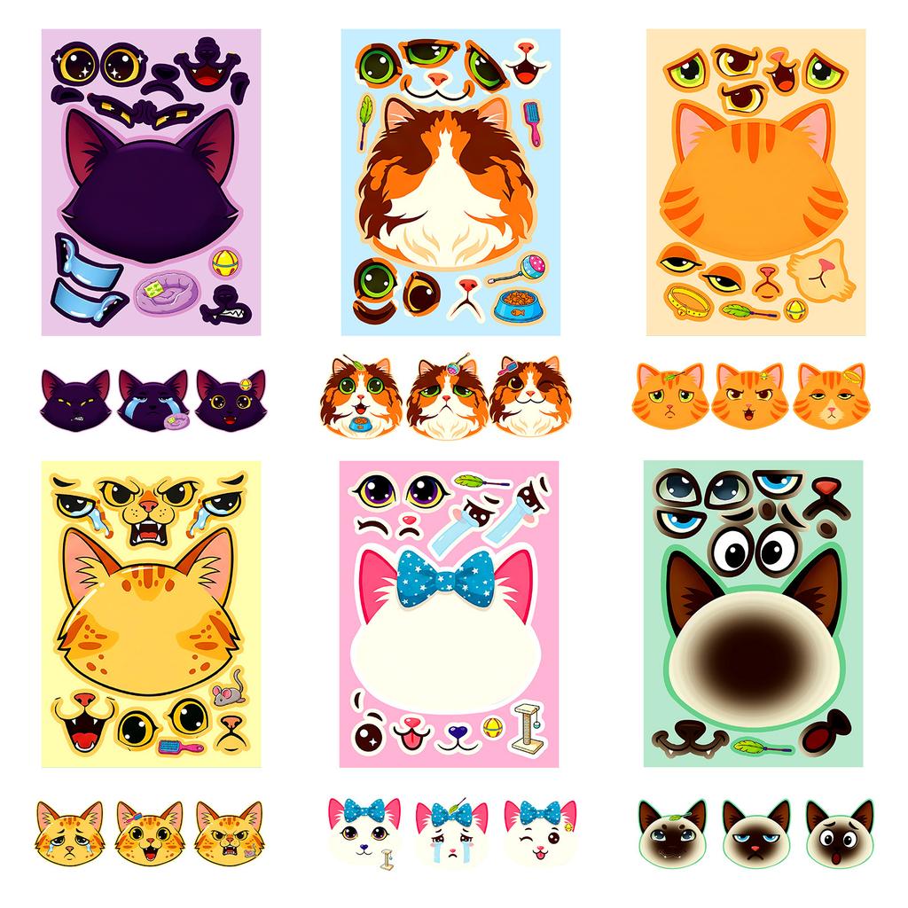 6/12 Pcs Large Cartoon Cat Face Puzzle DIY Game Stickers for Scrapbook Desk Toy Shelf Furniture Fun Decals