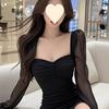 High-end mesh splicing square neck dress, women's pure desire style slim-fitting inner hip-wrapped short skirt