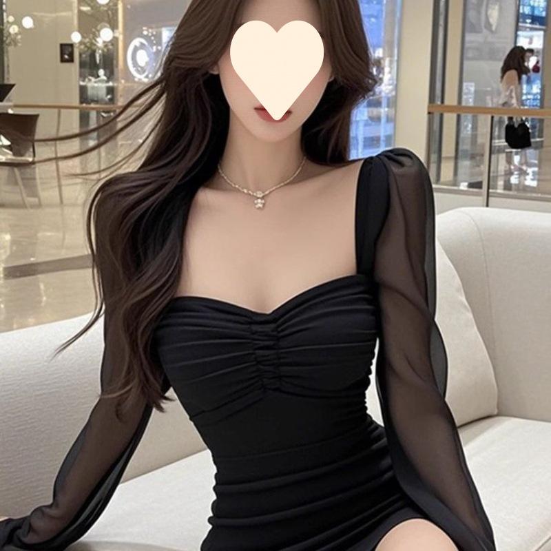 High-end mesh splicing square neck dress, women's pure desire style slim-fitting inner hip-wrapped short skirt