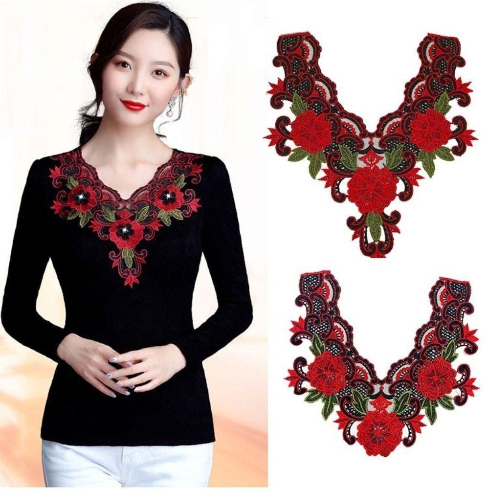 3D Embroidered Sewing On Patches Floral Hollowed Out Neckline Collar Applique Detachable Rose Flower Patch Sticker