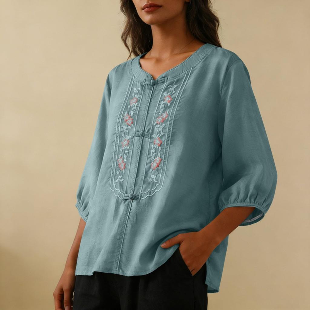 Women Fashion Solid Color Round Neck Half Sleeve Chinese Style Cotton Linen Shirt Floral Embroidery Button Blouse Casual Top
