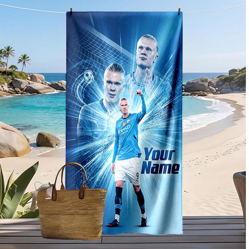 Asciugamano da Spiaggia Personalizzato Stampato Erling Haaland Logo Calcio Supporto Nome Personalizzato Testo Asciugamano Assorbente Per Sport Viaggio Regalo Speciale