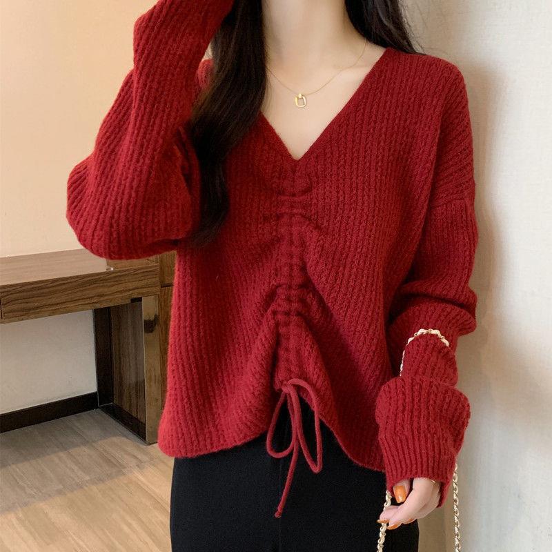 Plus Size Women's Autumn V-neck Knit Top 2025: Slimming Loose Fit