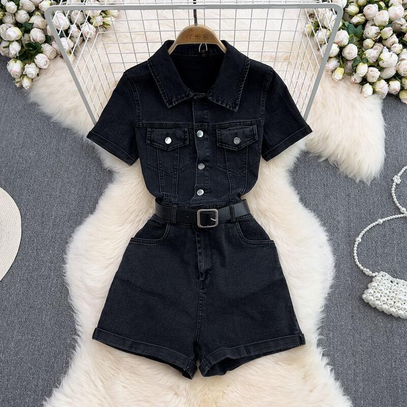 Women's Workwear One-piece Denim Suit, Stylish And Elegant High-waist Wide-leg Shorts