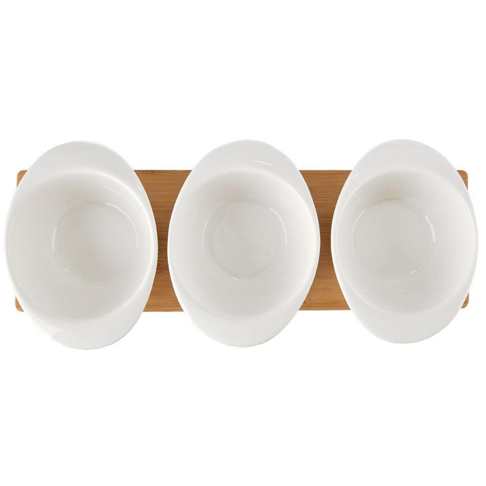 WHITELINE 3-Bowl Porcelain Appetizer Set on Bamboo Tray