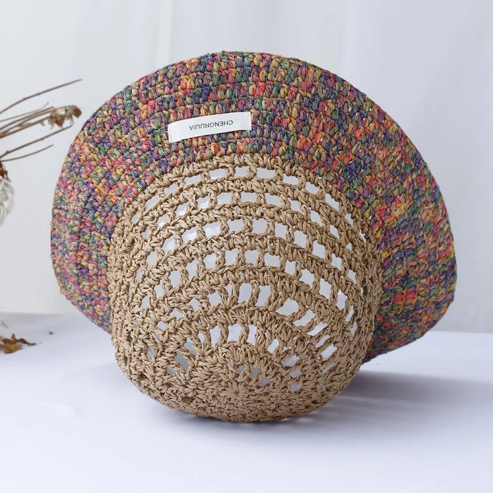 Hollowed Out Sun Hat Fashion Style Bucket Hat Multicolor Foldable Sun Crochet Hat For Beach Travel Vacation Handmade Straw Hat