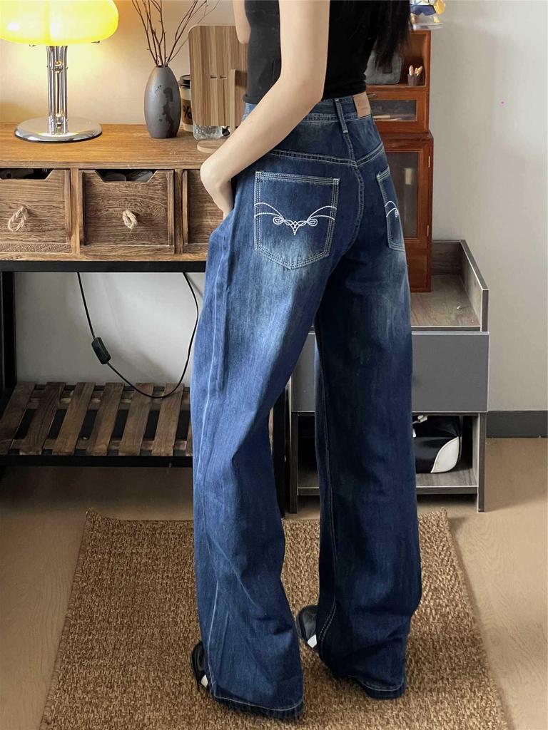 American Retro Blue Embroidered Wide-Leg Floor-Length Jeans for Tall Women