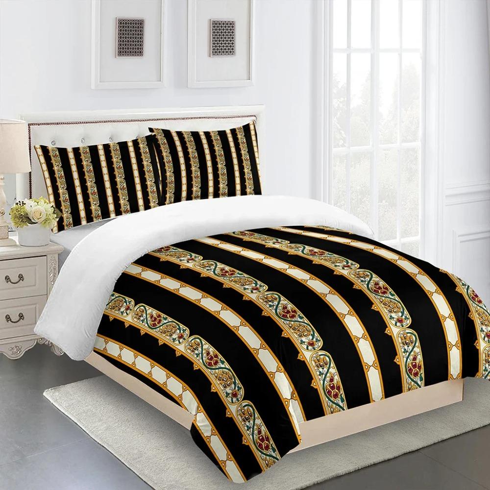 3D Deluxe Black Gold Striped Bedding Ethiopia Style Bed Three Sets Single Bed Double Bed Quilt Cover 2 Pillowcases