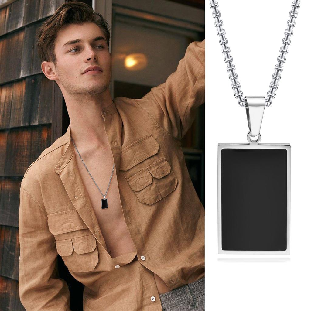 Men's Stylish Black Square Necklaces, Waterproof Stainless Steel Geometric Pendant Neck Collar Male Gift Jewelry