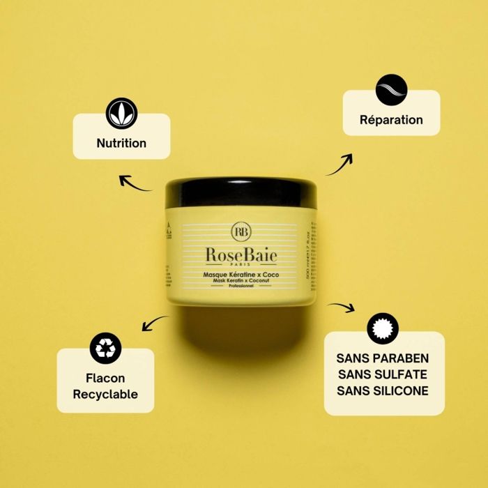 Masque - ROSEBAIE - Kératine X Coco - 500 Ml - Sans Sulfates - Sans Parabens