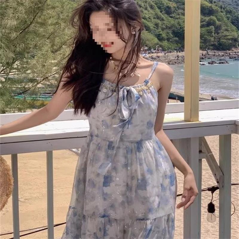 French Temperament High Sense Versatile Floral Dress Women's Summer Oil Painting Holiday Style Suspender Long Dress Waist Single Skirt
