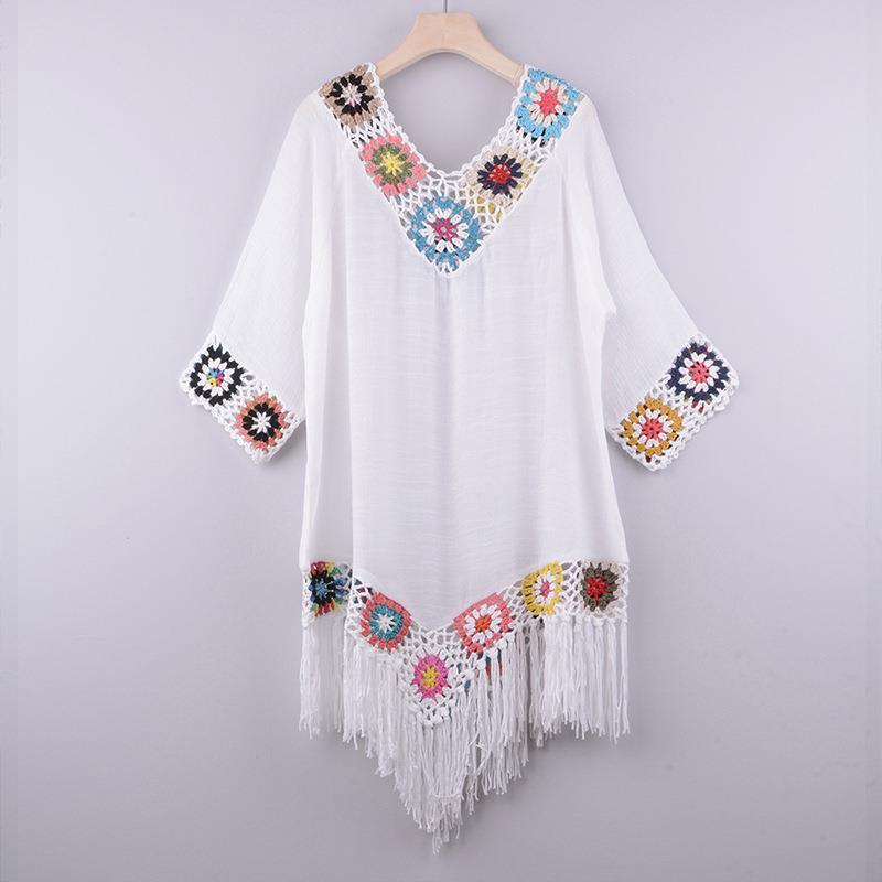 Off-the-shoulder Three-quarter Sleeve Hook Flower Stitching Irregular Tassel Beach Sun-proof Blouse Ethnic Style Dress