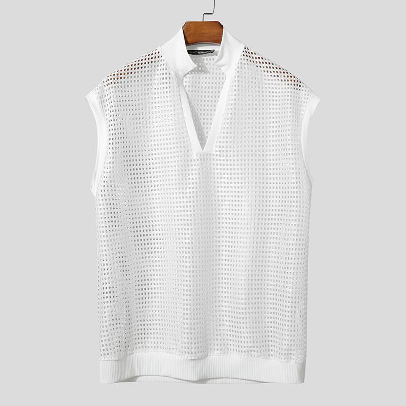 INCERUN Herren V-Ausschnitt Ärmellos Netz Durchsichtig Hohl Gurtband Tanktops