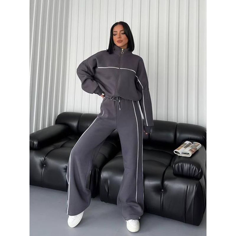 2024 New Cross-Border European and American Amazon Casual Suit Long Sleeves Half Collar Cardigan Sweatshirt Shoelace Stripes Pants Set