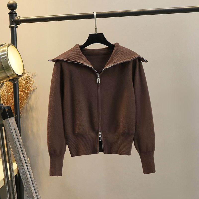 

Zipper Knitting Cardigan Spring & Fall Winter Sailor Collar Sweater Brown L