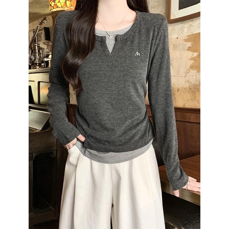 Women's 2025 Autumn Patchwork Pleated Waist Two-Piece Look Long-Sleeve Slimming Top