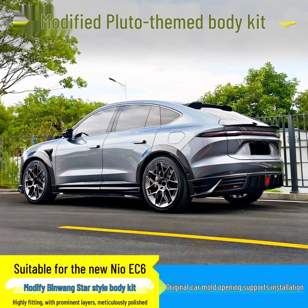 Compatible with 25 NIO EC6 models, the Pluto kit includes a front lip with lights, rear lip, rear spoiler, top spoiler, wheel arches, and side skirts.