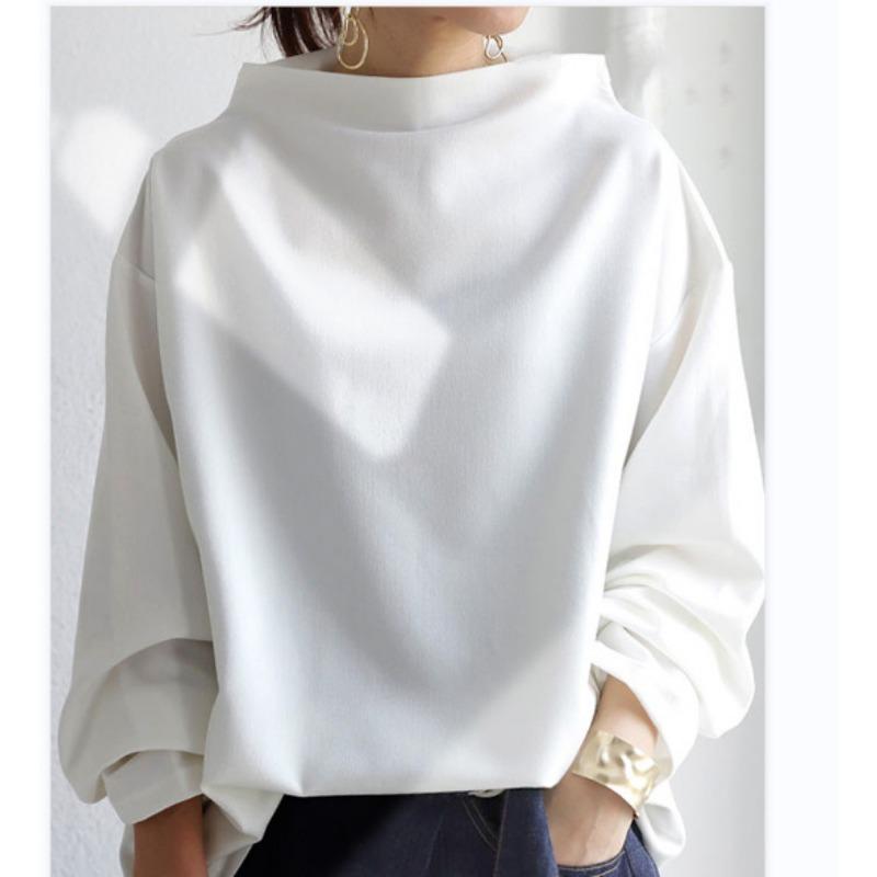 Autumn Winter Solid Color Long Sleeved Pullovers Fashion Semi High Neck Women's Casual Loose Bottom Top