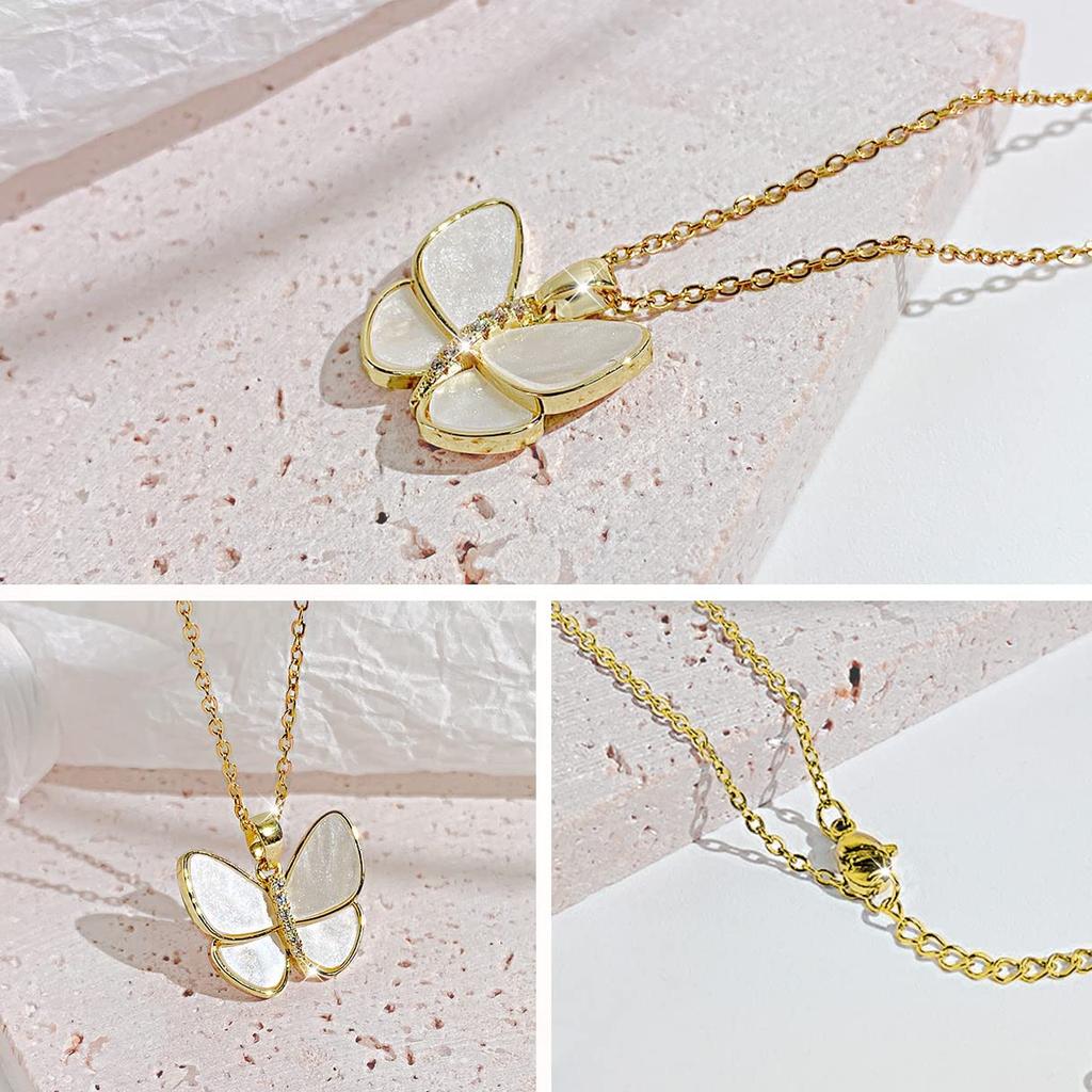 Halskette für Edelstahl Weiß Perlmutt Schmetterling Schmetterling 18k Gold Edelstahl Zirkonia Hypoallergen [Richapex] Frauen, Beliebt, Schlicht, Stahl, Perle,