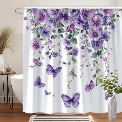 1 Lilac Floral Shower Curtain - Watercolor Roses, Vines and Butterflies On White Background, Machine Washable Polyester