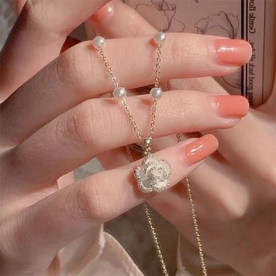 Pearl Gentle Camellia Opening Adjustable Ring Bracelet Necklace Vintage For Women Girl Hand Chain Luxury Jewelry Accessories