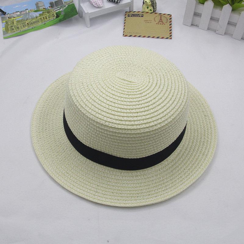 

Летние соломенные шляпы для родителей и детей: Плоская тулья, короткие поля с бантом, идеально подходит для пляжа и улицы, есть детские размеры Children s 50-54cm грязно-белый