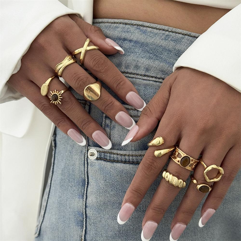 10Pcs/Set Vintage Irregular Textured Ring Set For Women Gold Plated Tiger Eye Sun Cross Geometric Knuckle Join Rings Jewelry