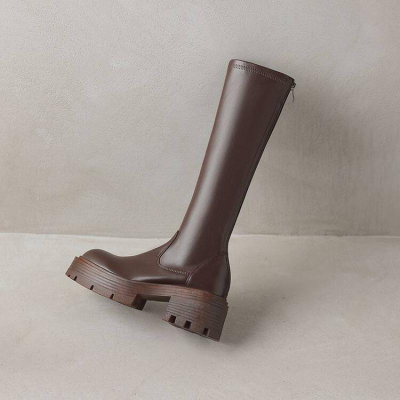 Autumn and winter leather knight boots women's comfortable platform large size women's boots square heel high heels round head new high boots women