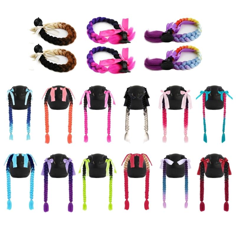 2pcs Motorcycle Helmets Ponytail with Bowknot Detachable Suction Cup Helmets Pigtail Universal Helmets Braid Multi Color