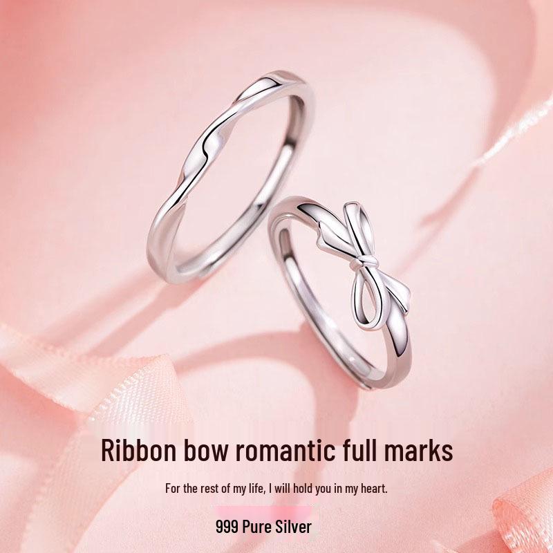 

999 Silver Bowknot Couple Rings for Men & Women: Trendy, Light Luxury Wedding Bands, Perfect Gift for Girlfriend s Birthday or Christmas. Women s