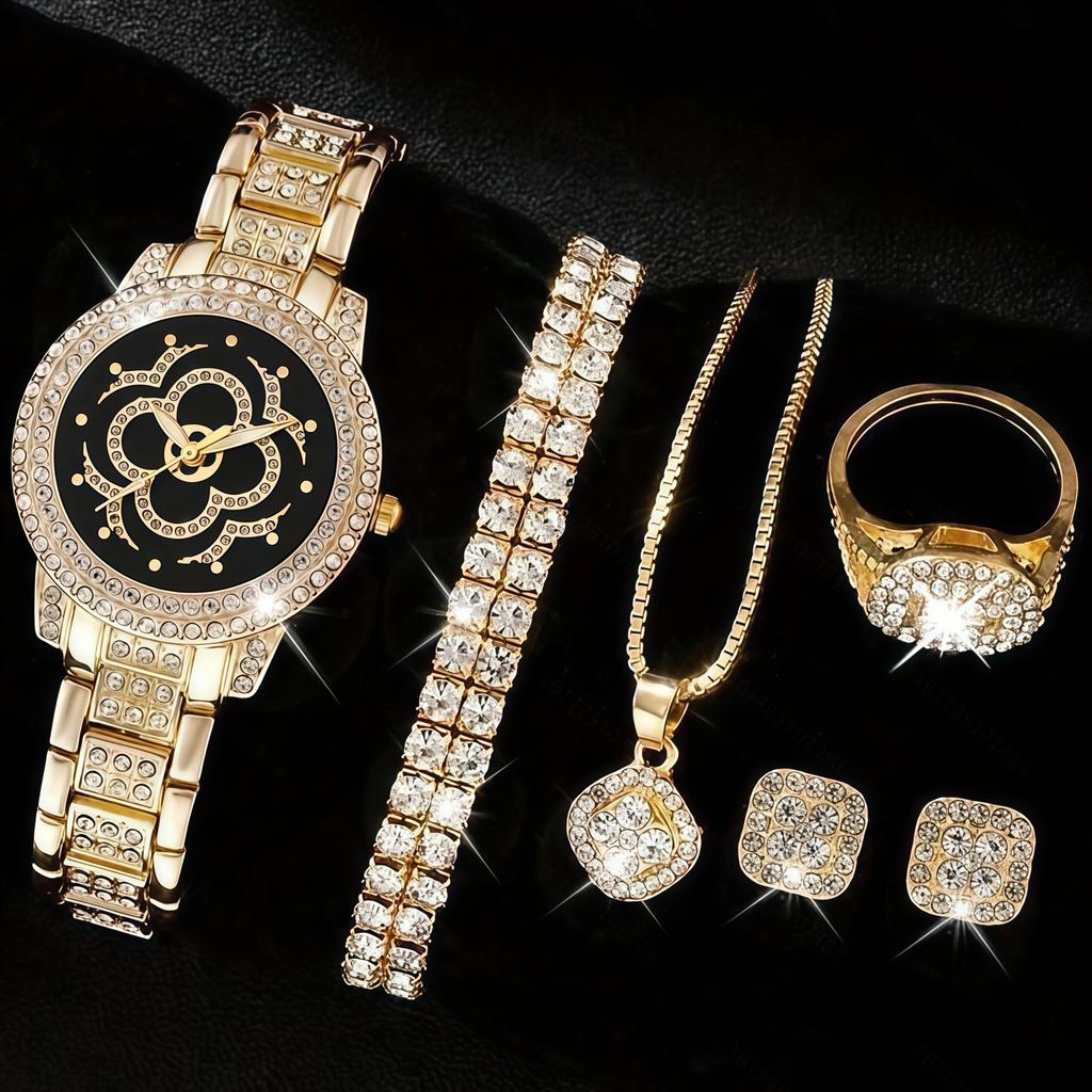Ladies Cornucopia Diamond Watch Set, Popular 5pcs Bracelet Accessories Fashion Quartz European Beautiful Women Watch Set