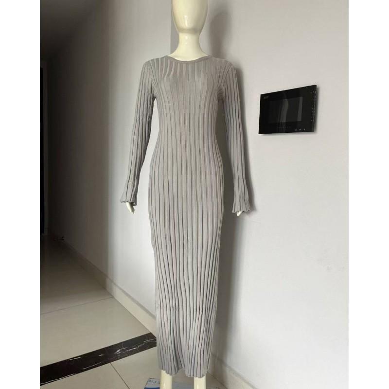 Long Sleeve Round Neck Ribbed Knit Bodycon Midi Dress High Waist Solid Color Sweater Women