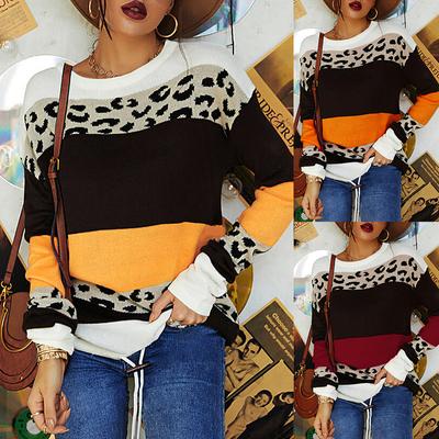 Winter Fall Women Fashion Leopard Print Patchwork Sweater Loose Knitted Top