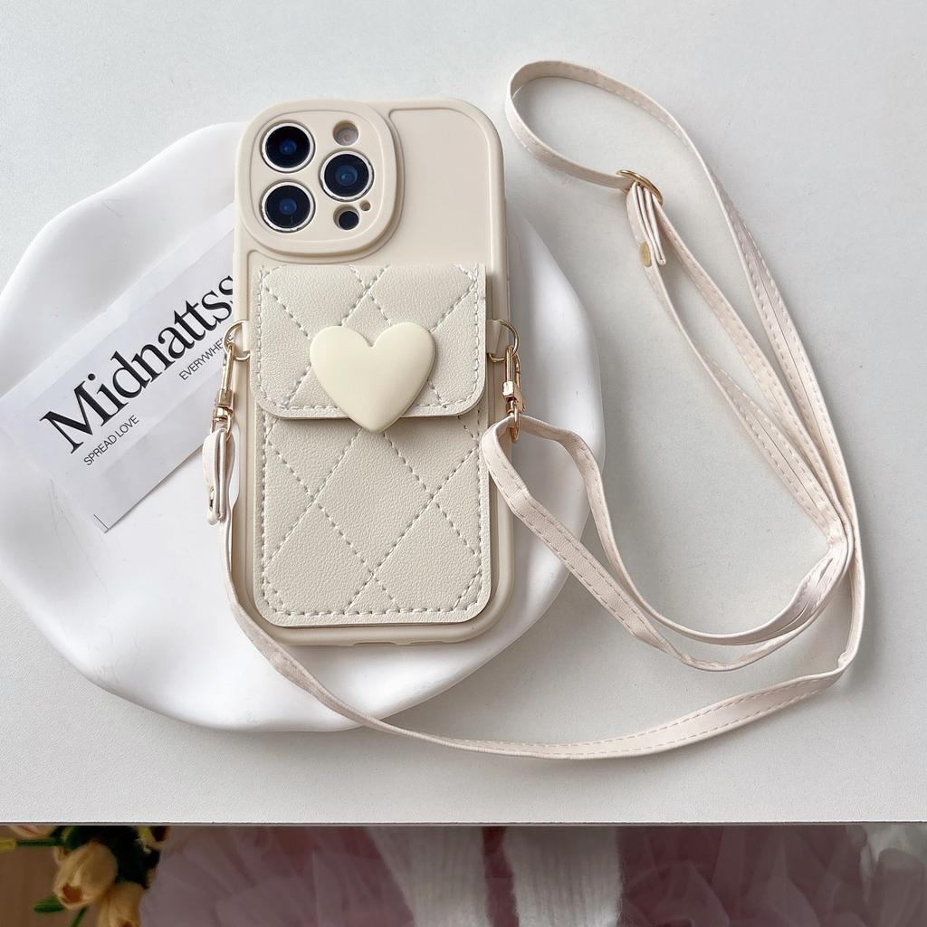 Cute Love Cardbag Ins Style Crossbody Lanyard TPU+Leather Shockproof Phone Case for 11-8 Plus/X/XR/XSMax Soft