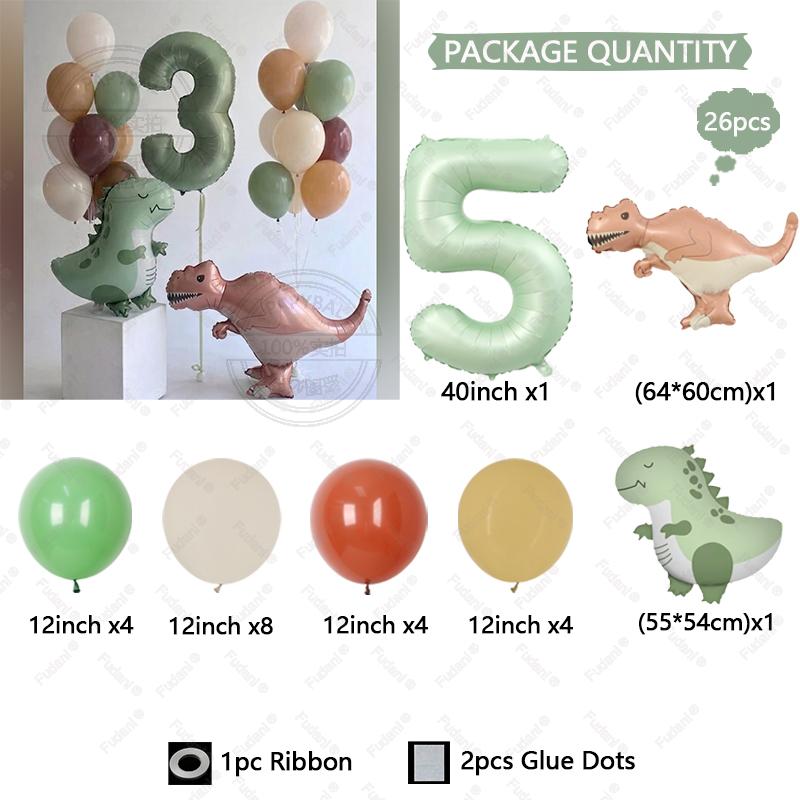 26pcs Tyrannosaurus Rex Cute Dinosaur Balloon Olive Green Number 1-9 Balloon Set Jurassic Theme Birthday Party Decoration other