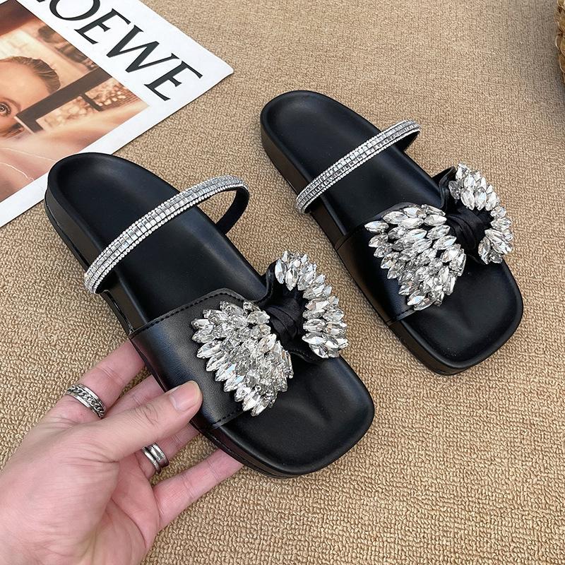 2025 new European flat-bottomed bow rhinestone slippers women's cross with satin open-toed fashion outer slippers