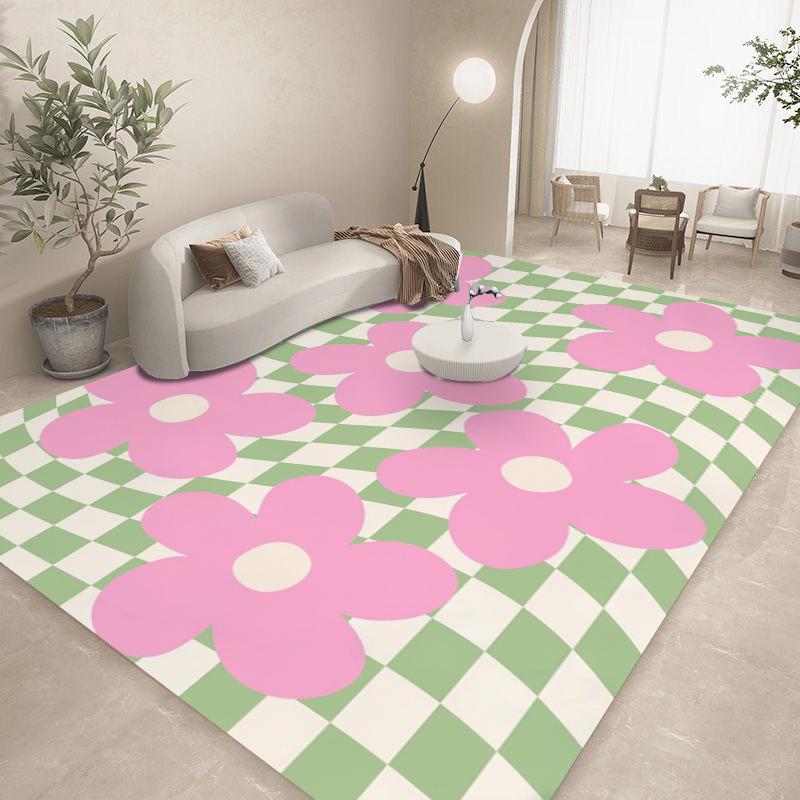 Checkered Floral Rug for Living Room Checkerboard Carpet Bedroom Bedside Rug Sofa Table Area Rug Floor Mats Anti-Slip Doormat