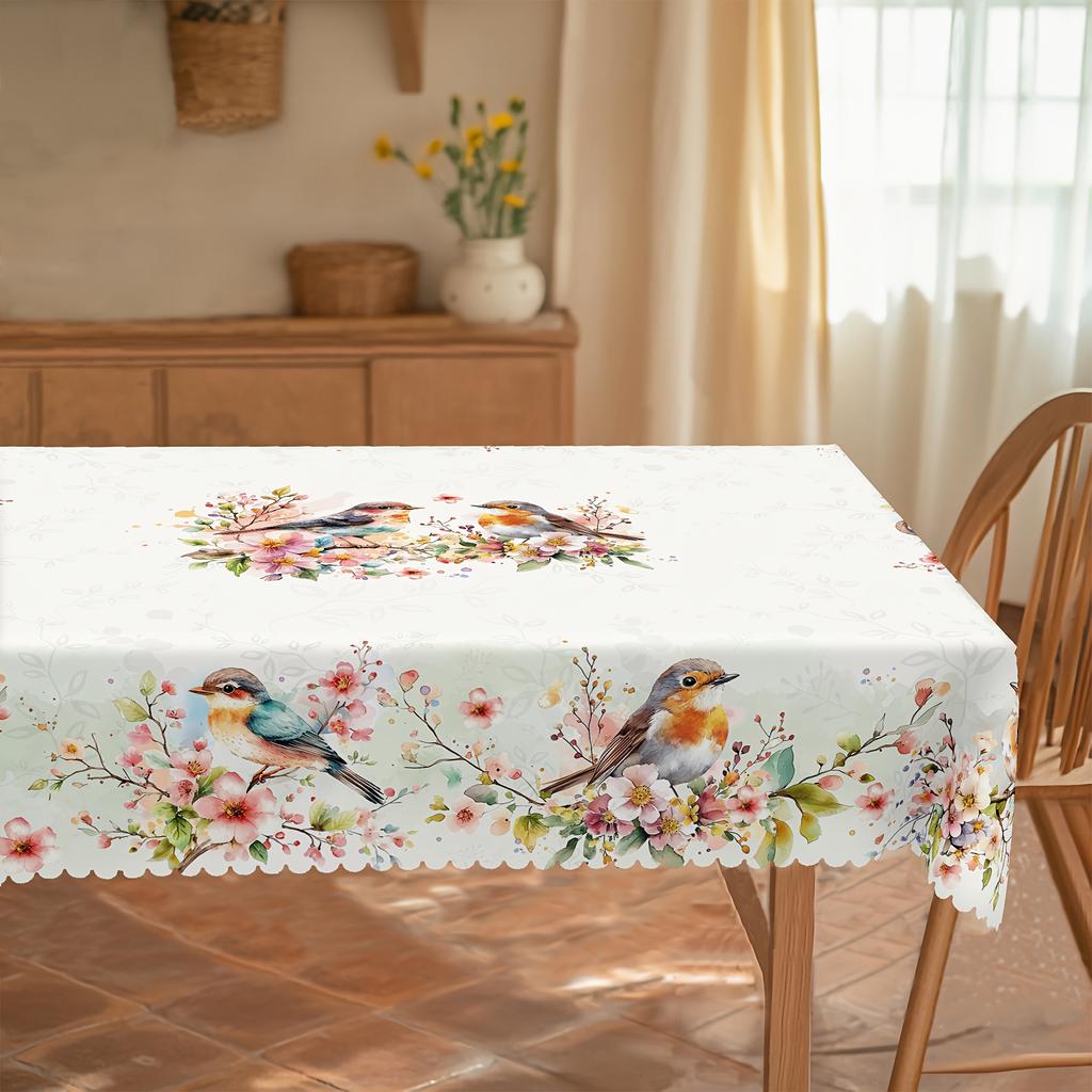 Spring Floral Bird Rectangle Tablecloth for Table Decor Summer Watercolor Flowers Kitchen Dining Table Cloth Wedding Decorations