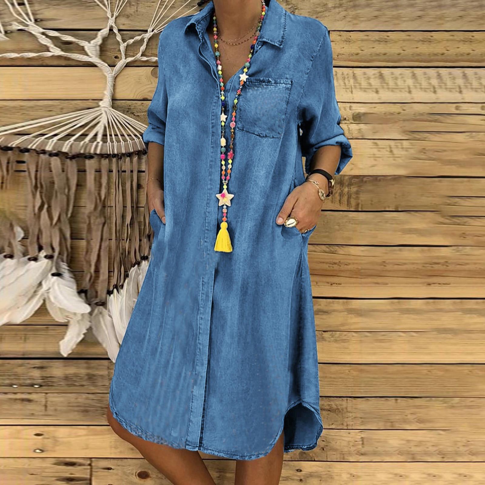 

Женское модное повседневное однобортное однобортное платье-рубашка с длинными рукавами и карманами, однотонное платье-рубашка XL