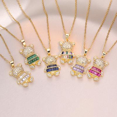 2024 New Fashion Zircon Bear Pendant Necklace for Women Gold Color Stainless Steel Chain Jewelry Wedding Party Accessories