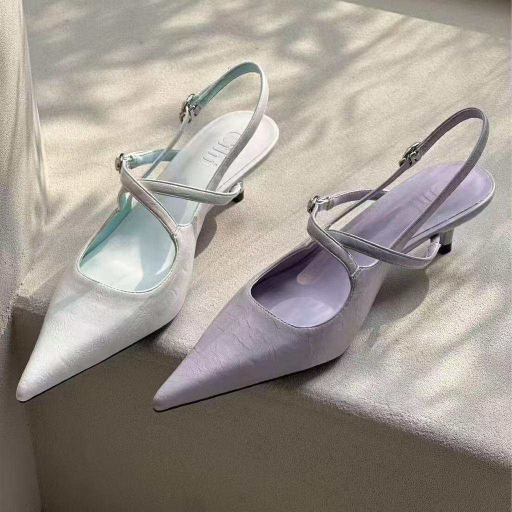 French pointed sandals women's 2025 new thin heel cross belt temperament single shoes empty bag head sandals middle heel