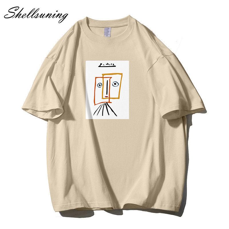 Shellsuning Cartoon Printing T-shirt Women Summer Fashion Casual Simple Short Sleeve 100% Cotton Soft Tees Female Oversized Basic Couple Tops