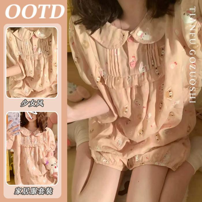 

[High-quality imitation cotton] Japanese sweet rabbit pajamas women s summer short sleeves cute sweet doll collar small man M