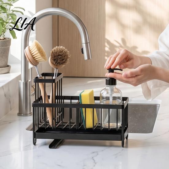 Space Saving Sink Rack Caddy Organizer with Drain Tray, Durable Carbon Steel Sponge Holder, Tray Detachable for Dishwashing Brushes And Soap
