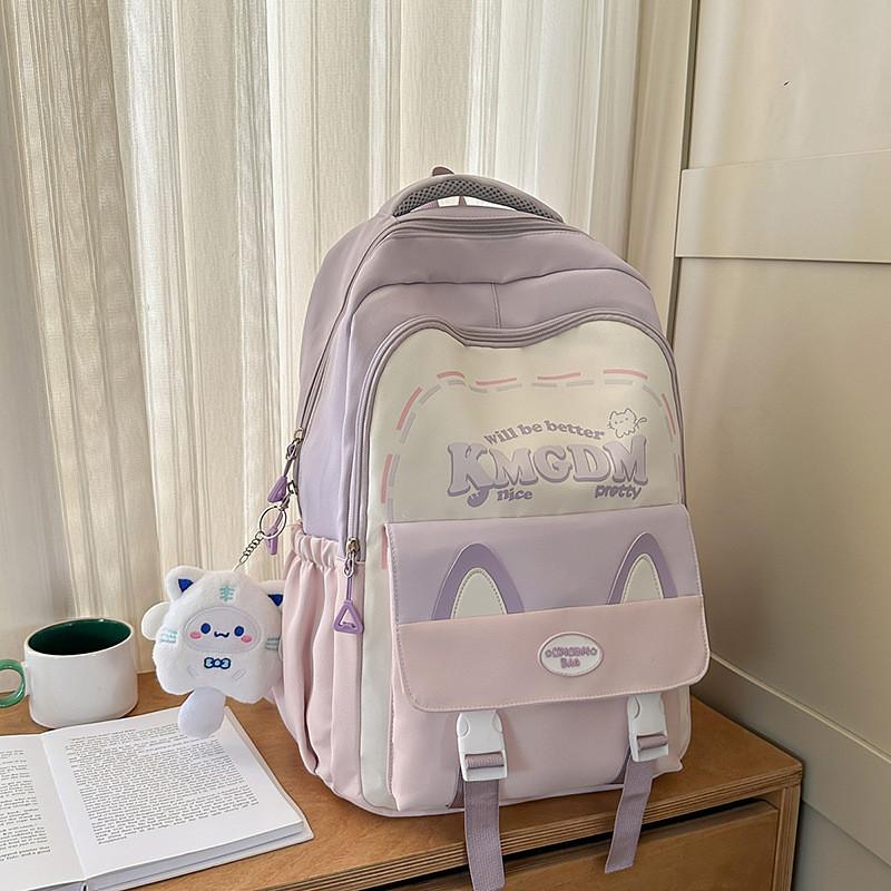 Cute Ears Cat Design Letter Line Pattern Student Backpack With Plush Pendant