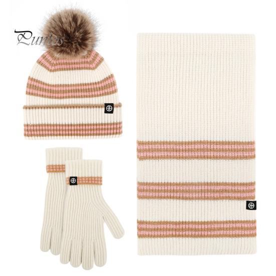 

3 Pcs/Set Unisex Winter Beanie Scarf Gloves Set Thick Plush Ball Decor Striped Knitted Warm Cap Gloves Elastic Windproof Winter Outdoor Cycling Dome бежевий