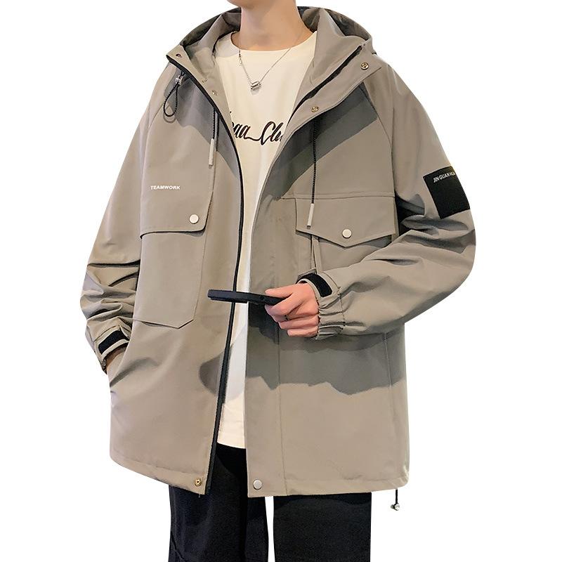 Spring and Autumn Men's Jacket Korean Style Multi-Pockets Hooded Windbreaker Oversized Coat Streetwear Black Windproof Casual Jackets
