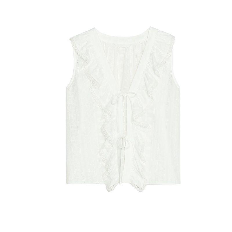 

Summer New Product Women s Clothes Minimalist Style V Neck Sleeveless Cotton Laminated Decoration Cut Out Embroider Shirt 2971885 White L